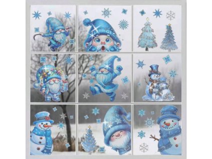Karácsonyi sztatikus ablakmatrica karácsonyi ünnep szenteste dekoráció kék karácsonyi manók csillogó ezüst kontúrral  hóemberek fenyőfák hópelyhek 9 lap