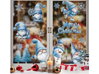 Karácsonyi sztatikus ablakmatrica karácsonyi ünnep szenteste dekoráció csillogó kék karácsonyi manók hóemberek fenyőfák hópelyhek Merry Christmas 9 lap