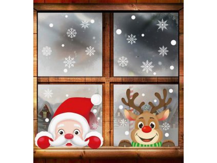Karácsonyi sztatikus ablakmatrica karácsonyi ünnep szenteste dekoráció télapó Mikulás rénszarvas kukucskál hópelyhek 2 lap