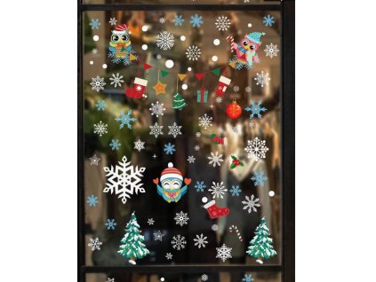 Karácsonyi sztatikus ablakmatrica karácsonyi ünnep szenteste dekoráció baglyok mikulás zoknik hópelyhek fenyőfák díszek 4 lap