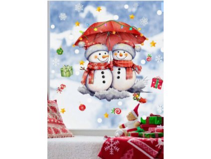 Karácsonyi sztatikus ablakmatrica karácsonyi ünnep szenteste dekoráció vidám hóemberek 2 hóember sállal ernyő alatt hópelyhek csillagok ajándékok
