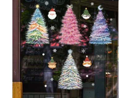 Karácsonyi sztatikus ablakmatrica karácsonyi ünnep szenteste dekoráció színes karácsonyfák 4 fenyőfa hópelyhek télapó Mikulás rénszarvas róka kutya macska