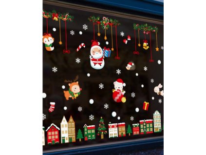 Karácsonyi sztatikus ablakmatrica ünnep, karácsony, szenteste Mikulás télapó rénszarvas állatok épületek hópelyhek mikulás zokni ajándékok karácsonyfa díszek 9 lap