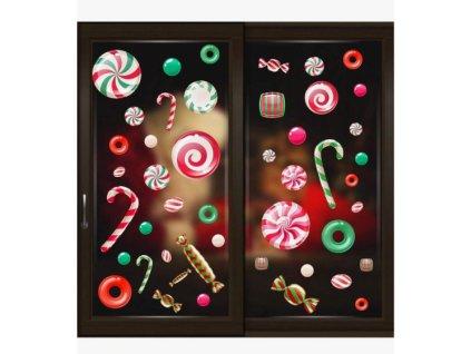 Karácsonyi öntapadós ablakmatrica, falmatrica ünnep, karácsony, szenteste karácsonyi édességek cukorkák zöld piros pink nyalóka 2 lap