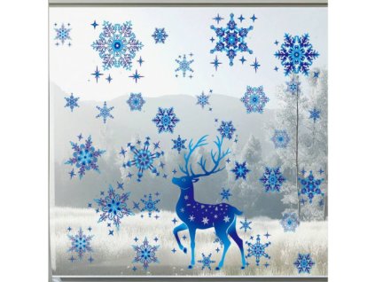 Karácsonyi sztatikus ablakmatrica ünnep, karácsony, szenteste kék rénszarvas kék hópelyhek 3 lap