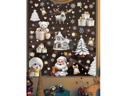 Karácsonyi sztatikus ablakmatrica ünnep, karácsony, szenteste fehér arany télapó hóember rénszarvas fenyőfák karácsonyfák ajándékok havas ház házikó csengők hópelyhek 9 lap