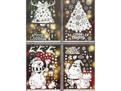 Karácsonyi sztatikus ablakmatrica ünnep, karácsony, szenteste fehér télapó Mikulás hóember fenyőfa karácsonyfa csengő hópelyhek díszek Merry Christmas 4 lap