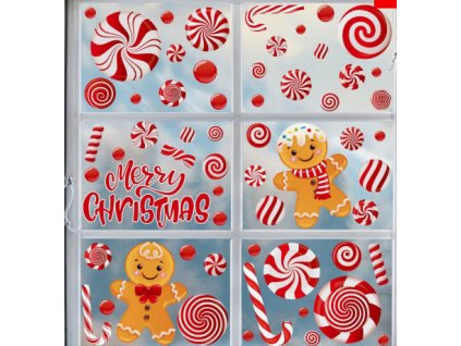 Karácsonyi sztatikus ablakmatrica ünnep, karácsony, szenteste karácsonyi édességek cukorkák fehér piros hurrikán candy nyalóka barna hóember mézeskalács Merry Christmas felirat 9 lap