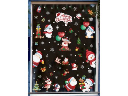 Karácsonyi sztatikus ablakmatrica ünnep, karácsony, szenteste télapó Mikulás hóember mézeskalács ajándékok fenyőfák karácsonyfák hópelyhek mikulásszán szánkó rénszarvas pingvin bagoly lufik Merry Christmas felirat 9 lap