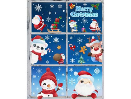 Karácsonyi sztatikus ablakmatrica ünnep, karácsony, szenteste télapó Mikulás hóember rénszarvas jegesmedve ajándékok fenyőfák mikulás szán hópelyhek csengő harang gyertya mézeskalács Merry Christmas felirat 9 lap