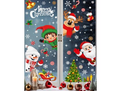 Karácsonyi sztatikus ablakmatrica ünnep, karácsony, szenteste integető télapó Mikulás hóember rénszarvas manó karácsonyfa hópelyhek harang csengő candy szán ajándékok mikulás zokni Merry Christmas felirat 9 lap
