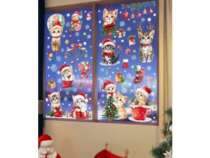 Karácsonyi sztatikus ablakmatrica ünnep, karácsony, szenteste karácsonyi cicák macskák mikulássapkában ajándékok fenyőfák édességek candy díszek hópelyhek vonat harang 9 lap