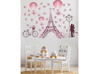 Falmatrica szerelmesek rózsaszín Eiffel torony bicikli kerékpár hőlégballonok pillangók szerelmes pár villanyoszlop
