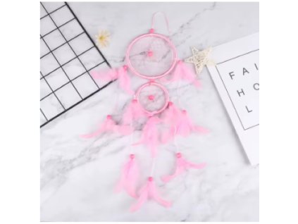 Álomfogó álomcsapda nagy dupla kör alap rózsaszín madártoll gyöngy spirituális spiritualitás