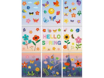 Tavaszi sztatikus ablakmatrica színes virágok pillangók rovarok katicabogár csiga madarak Hello Spring 9 lap