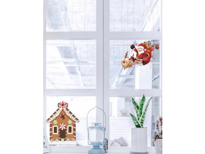 Karácsonyi öntapadós ablakmatrica, falmatrica ünnep, karácsony, szenteste Mikulás télapó ajándékokkal rénszarvasszánnal házikó