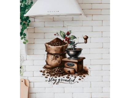 Falmatrica konyhába kávé, kávészemek juta zsákban, retro régi kézi kávédaráló stay grounded felirat