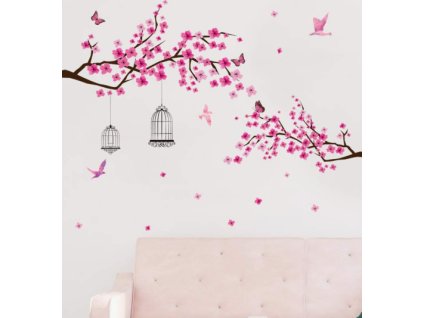 Falmatrica nappaliba pink virágok faágon pillangók kalitkák madarak