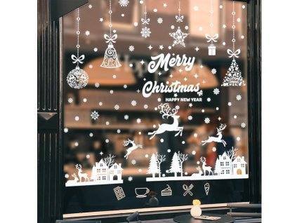 Karácsonyi öntapadós falmatrica ablakmatrica karácsonyi ünnep szenteste dekoráció fehér rénszarvasok, hópelyhek, házak, fenyőfák díszek csengők harangok szalagok ajándékok Merry Christmas Happy New Year felirat 6 lap