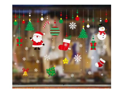 Karácsonyi sztatikus ablakmatrica karácsonyi ünnep szenteste dekoráció színes lelógó karácsonyfa díszek fenyőfa mikulás télapó hóember gömb mikulás csizma hópelyhek csengő harang ajándék csillag