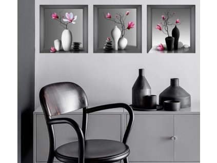 Falmatrica pink virágok magnólia vázában 3 D 3 részes fekete fehér vázák