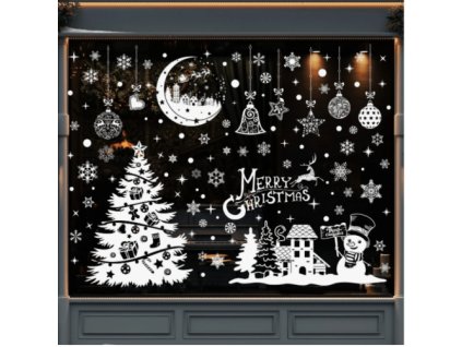 Karácsonyi sztatikus ablakmatrica karácsonyi ünnep szenteste dekoráció fehér karácsonyfa rénszarvas hóember fenyőfa ajándékok hópelyhek díszek Merry Christmas 9 lap