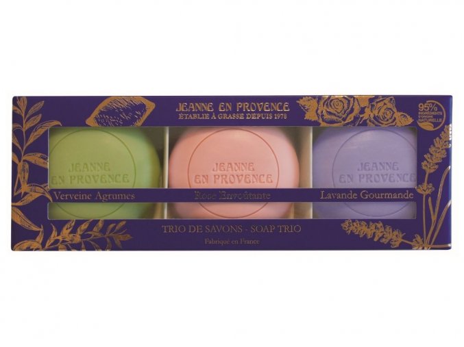 jeanne en provence Dárková sada mýdel (Levandule, Verbena, Růže), 3x100g