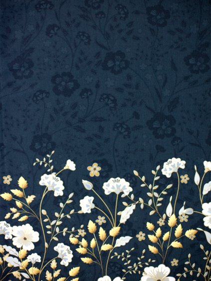 PANEL NA SUKNI funkční úplet BÍLO-ZLATÁ KVÍTKA V ČERNÉ 50x160 cm