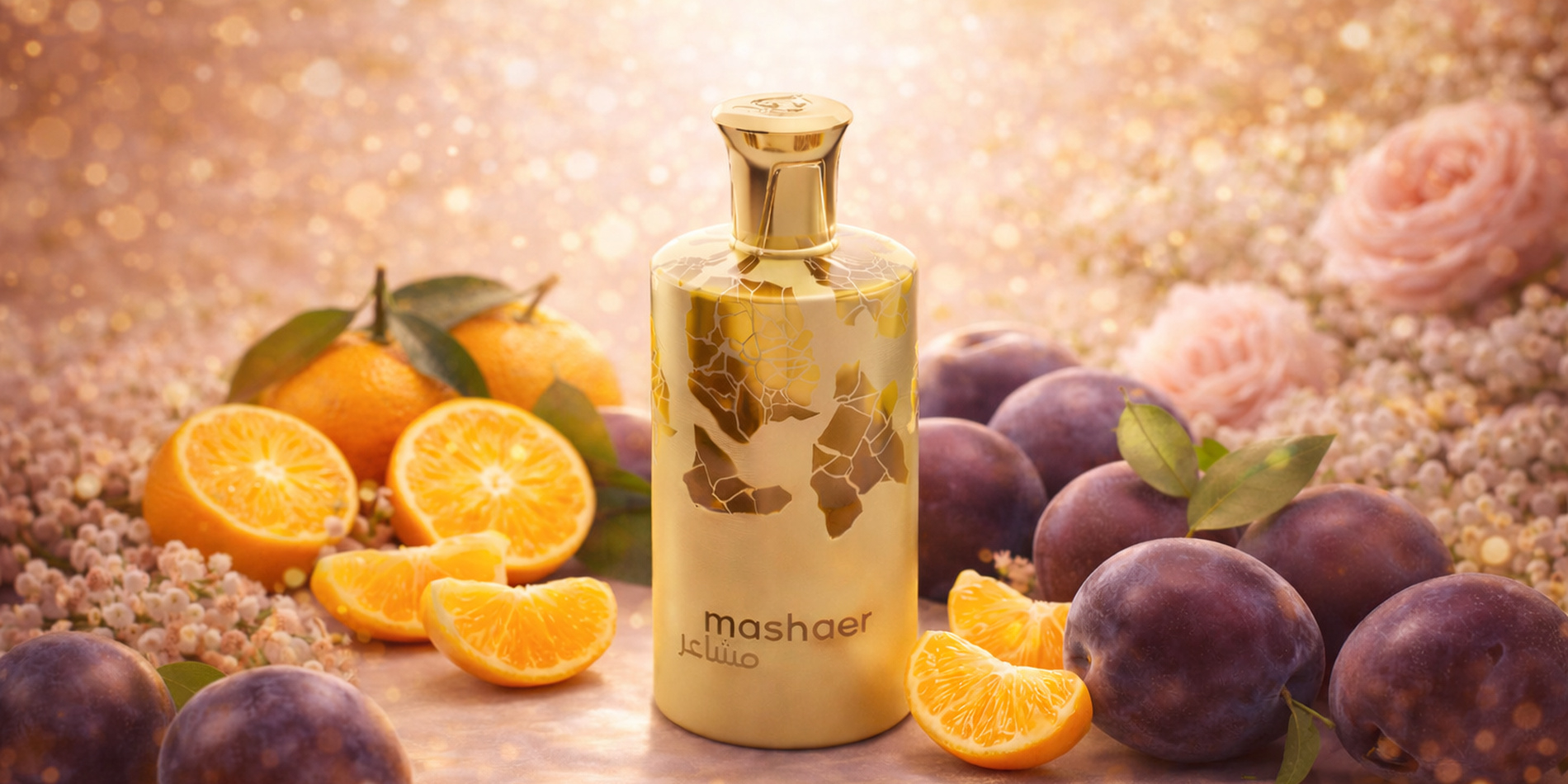 Na obrázku je parfém Mashaer od Mawwal Arabia. Elegantní krémově-zlatý flakon s jemným dekorativním vzorem je zasazený do bohaté květinově-ovocné kompozice. Okolo něj se nacházejí zralé citrusy, švestky a růže, doplněné drobnými bílými a fialovými květy.
