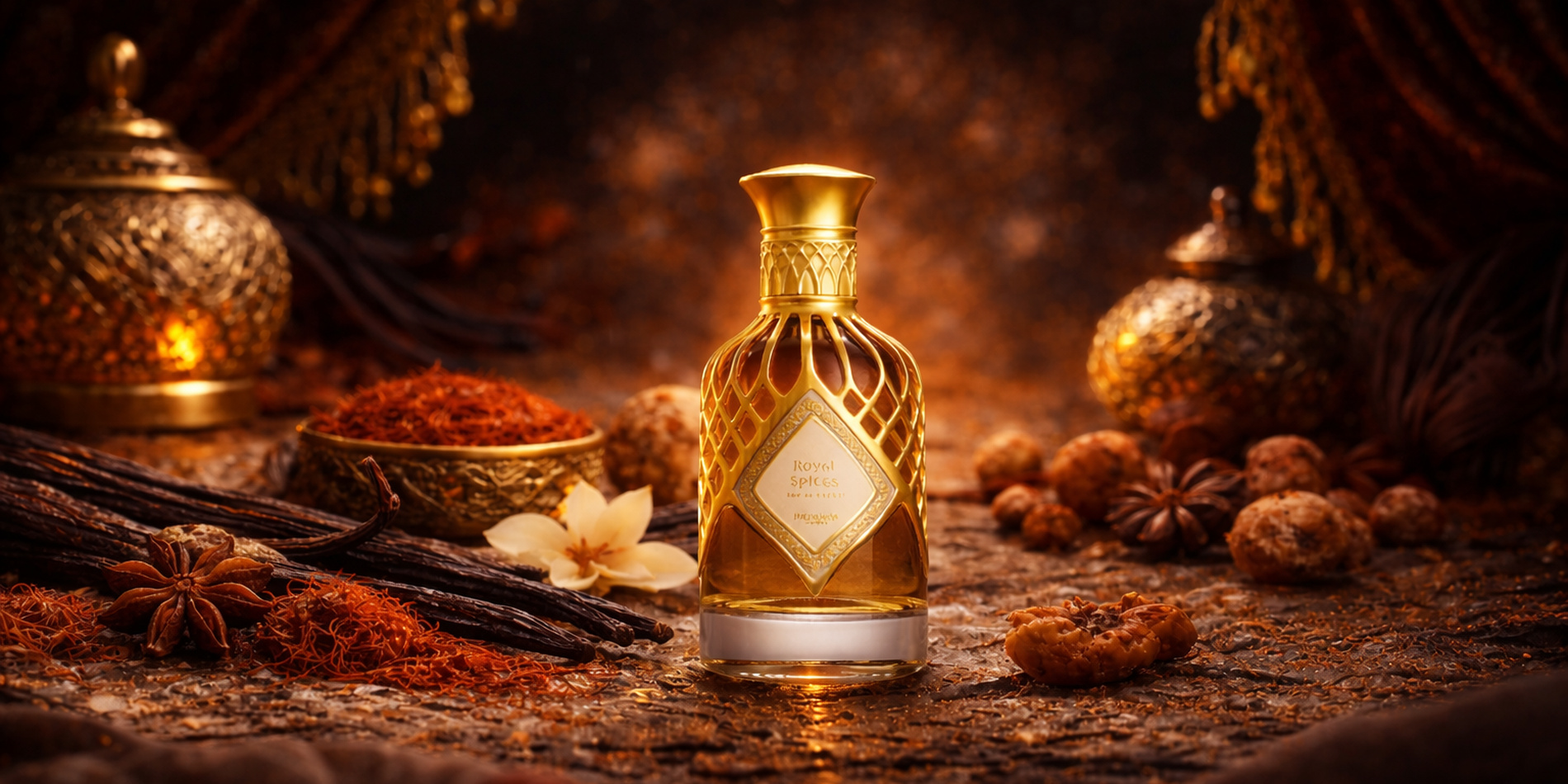 Obrázek zachycuje luxusní parfém z kolekce Royal Reserve od Mawwal Arabia. Flakon Royal Spices stojí v teplém, zlatavém světle, které zvýrazňuje bohaté orientální barvy a detailní zlatou mřížkovou výzdobu.
