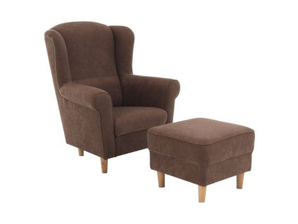 Křeslo ušák SHIVEN + taburet / hnědá látka