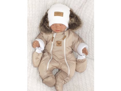 Z&Z Zimní kombinéza s dvojitým zipem, kapucí a kožešinou + rukavičky, Angel - béžový