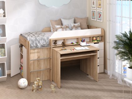 Patrová postel LEGENDA, 70 x 190 cm, s psacím stolem, komodou a regály (Barva antracit)