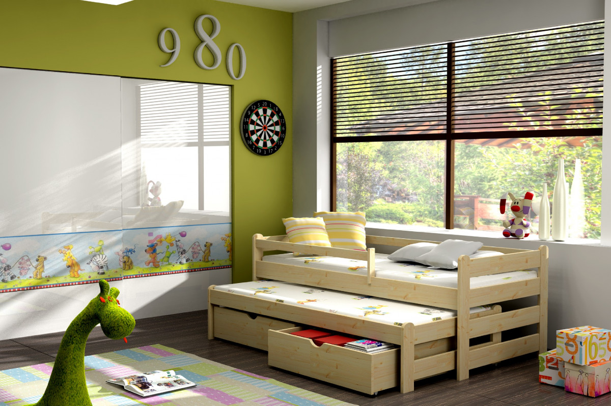 Dětská postel s přistýlkou a zábranou DOPLO PINE vč. roštů Barva: bezbarvý lak, Rozměr: 80 x 180 cm, Zásuvky: ano