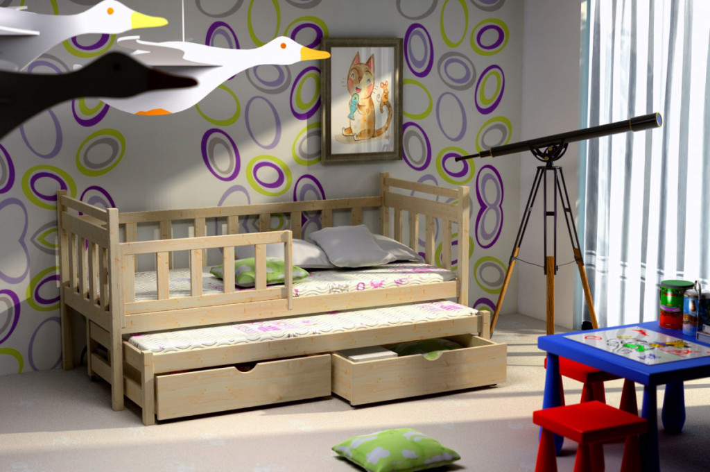 Dětská postel s přistýlkou a zábranou OTTO PINE vč. roštů Barva: barva hnědá, Rozměr: 90 x 190 cm, Zásuvky: ano