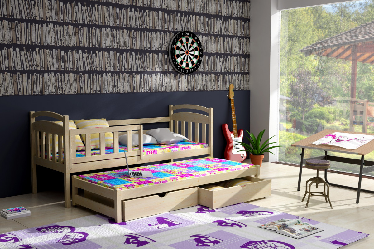 Dětská postel s přistýlkou a zábranou VIOLA PINE vč. roštů Barva: surové dřevo, Rozměr: 80 x 200 cm, Zásuvky: ano