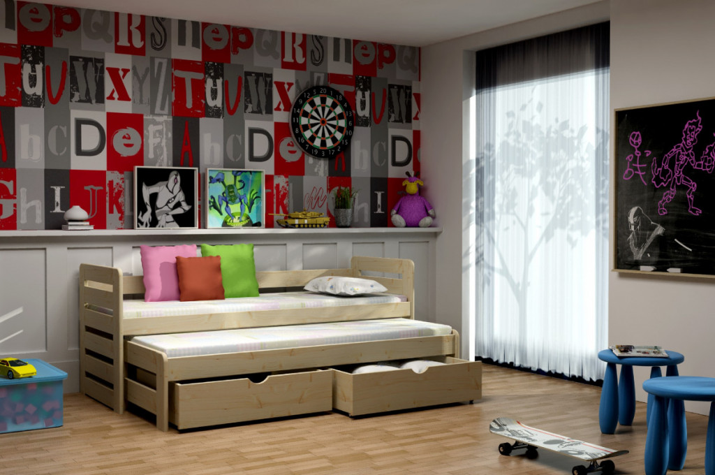 Dětská postel s přistýlkou LAURA PINE vč. roštů Barva: surové dřevo, Rozměr: 80 x 180 cm, Zásuvky: ano