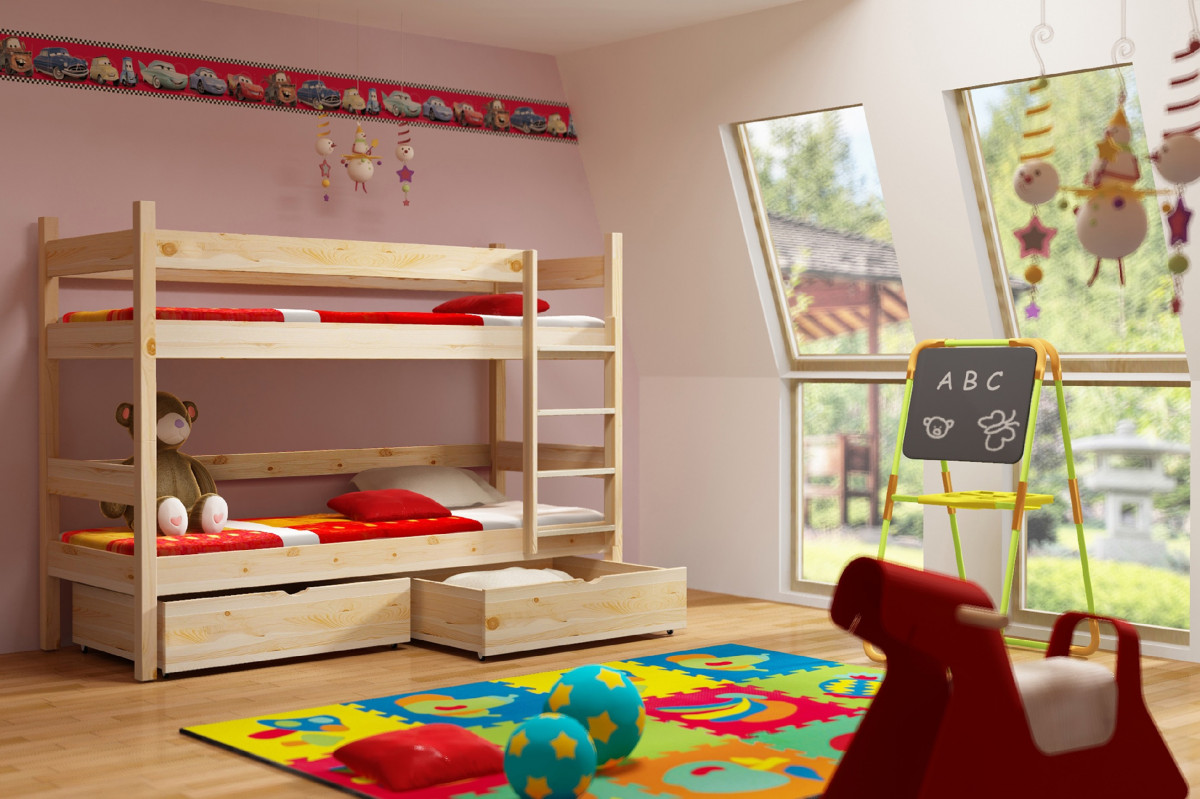 Patrová postel ELEGANT PINE vč. roštů Barva: surové dřevo, Rozměr: 90 x 200 cm, Zásuvky: ano