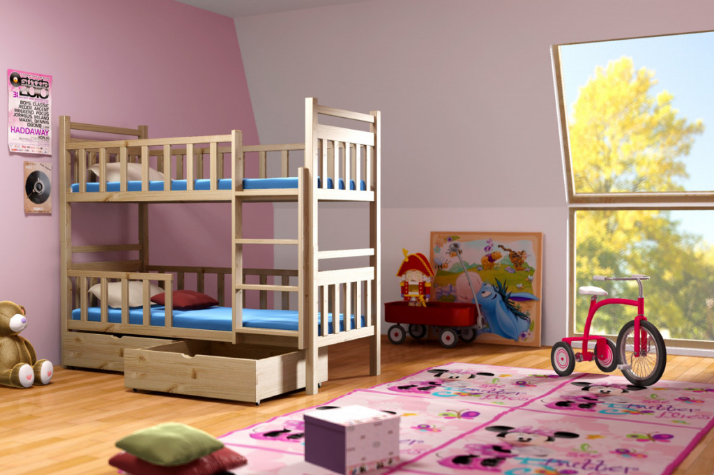 Patrová postel se zábranou ZUZA PINE vč. roštů Barva: růžová, Rozměr: 80 x 180 cm