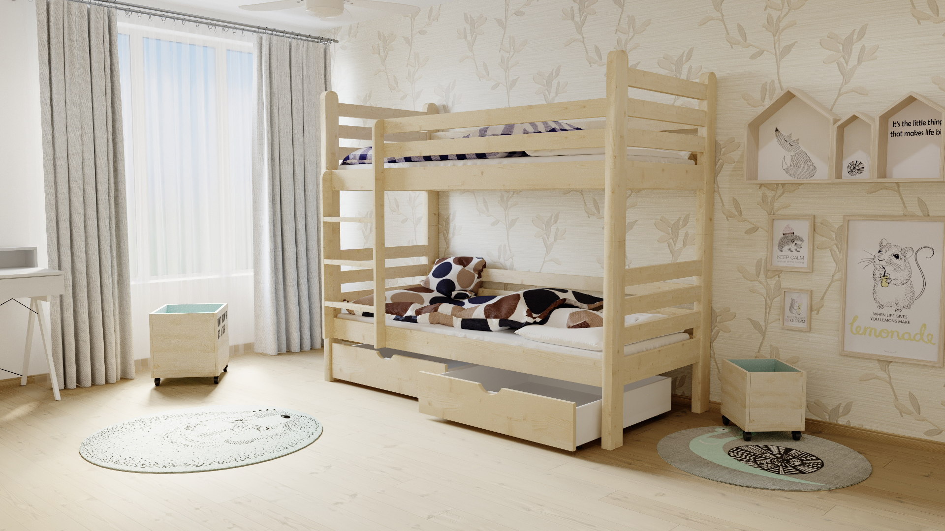 Patrová postel SUSSI PINE vč. roštů Barva: surové dřevo, Rozměr: 90 x 200 cm