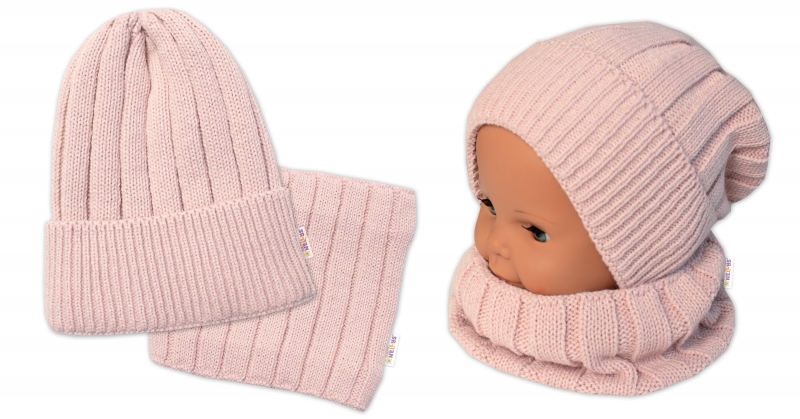 BABY NELLYS Dětská zimní nadčasová čepice + komínek , pudrová Velikost koj. oblečení: 98-104 (2-4r)