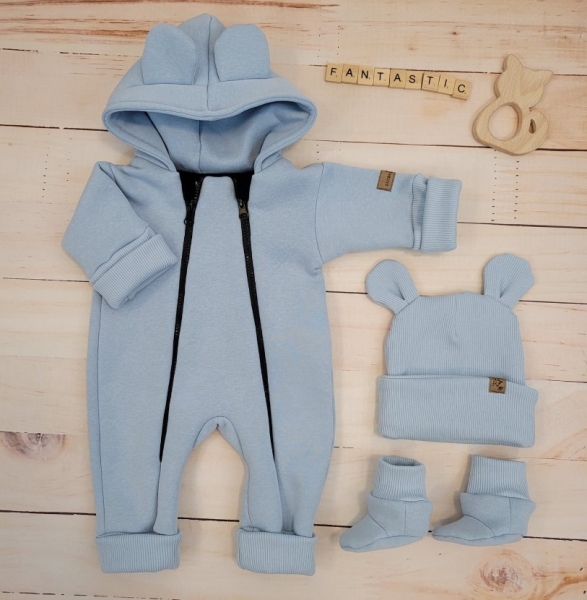 Oteplený dětský overal bez šlapek s kapucí, čepička + botičky, 3D, Kazum, modrý Velikost koj. oblečení: 62 (2-3m)
