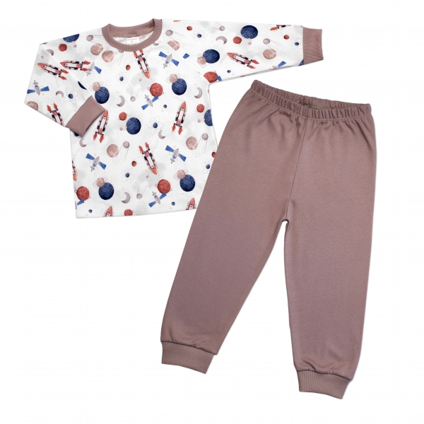 Dětské pyžamo 2D sada, triko + kalhoty, Cosmos, Mrofi, béžová/bílá Velikost koj. oblečení: 86 (12-18m)