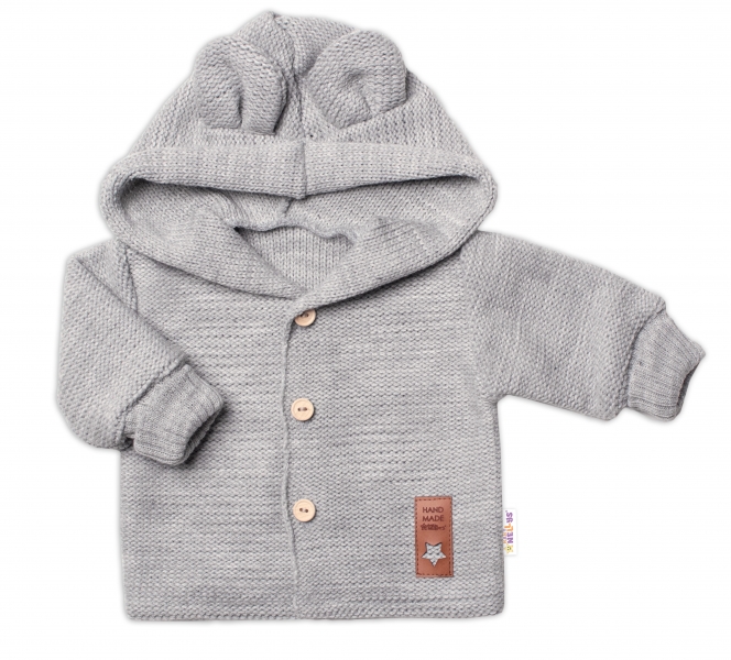 Dětský elegantní pletený svetřík s knoflíčky a kapucí s oušky Baby Nellys, šedý Velikost koj. oblečení: 74 (6-9m)