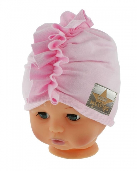 Baby Nellys Jarní/podzimní bavlněná čepice - turban, sv. růžová Velikost koj. oblečení: 68-74 (6-9m)