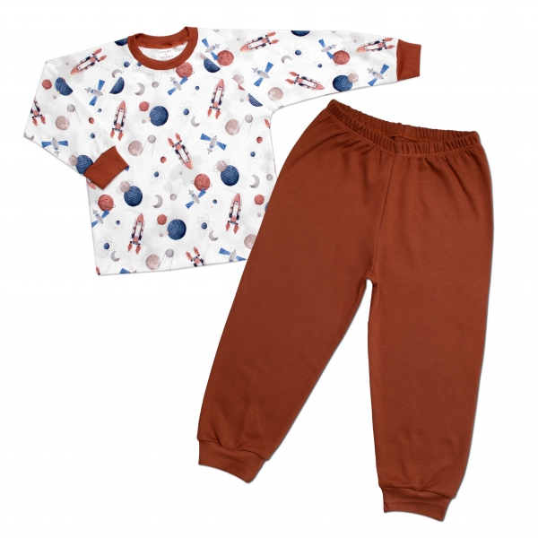 Dětské pyžamo 2D sada, triko + kalhoty, Cosmos, Mrofi, hnědá/bílá Velikost koj. oblečení: 104 (3-4r)