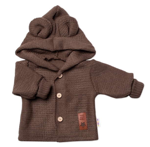 Dětský elegantní pletený svetřík s knoflíčky a kapucí s oušky Baby Nellys, hnědý Velikost koj. oblečení: 62 (2-3m)