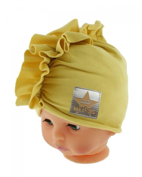 Baby Nellys Jarní/podzimní bavlněná čepice - turban, hořčicová Velikost koj. oblečení: 68-74 (6-9m)