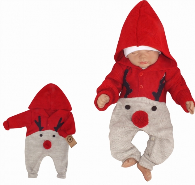 Z&amp;Z Dětský pletený Vánoční overálek s kapucí a knoflíčky Baby Sob, červený Velikost koj. oblečení: 56 (1-2m)