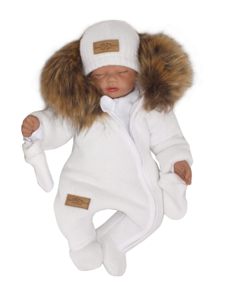 Z&amp;Z Zimní kombinéza s kapucí a kožešinou + rukavičky, bílá Velikost koj. oblečení: 56 (1-2m)